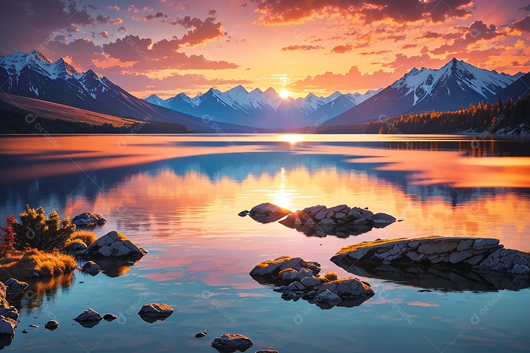 Fundo do pôr do sol da montanha do lago