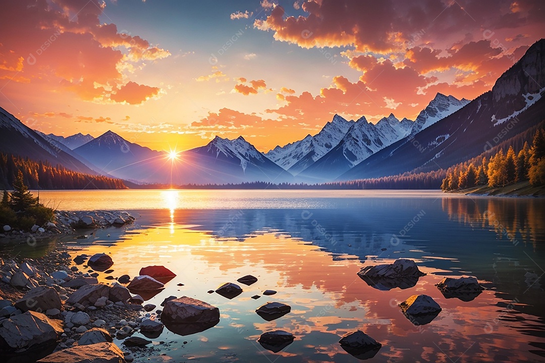 Fundo do pôr do sol da montanha do lago