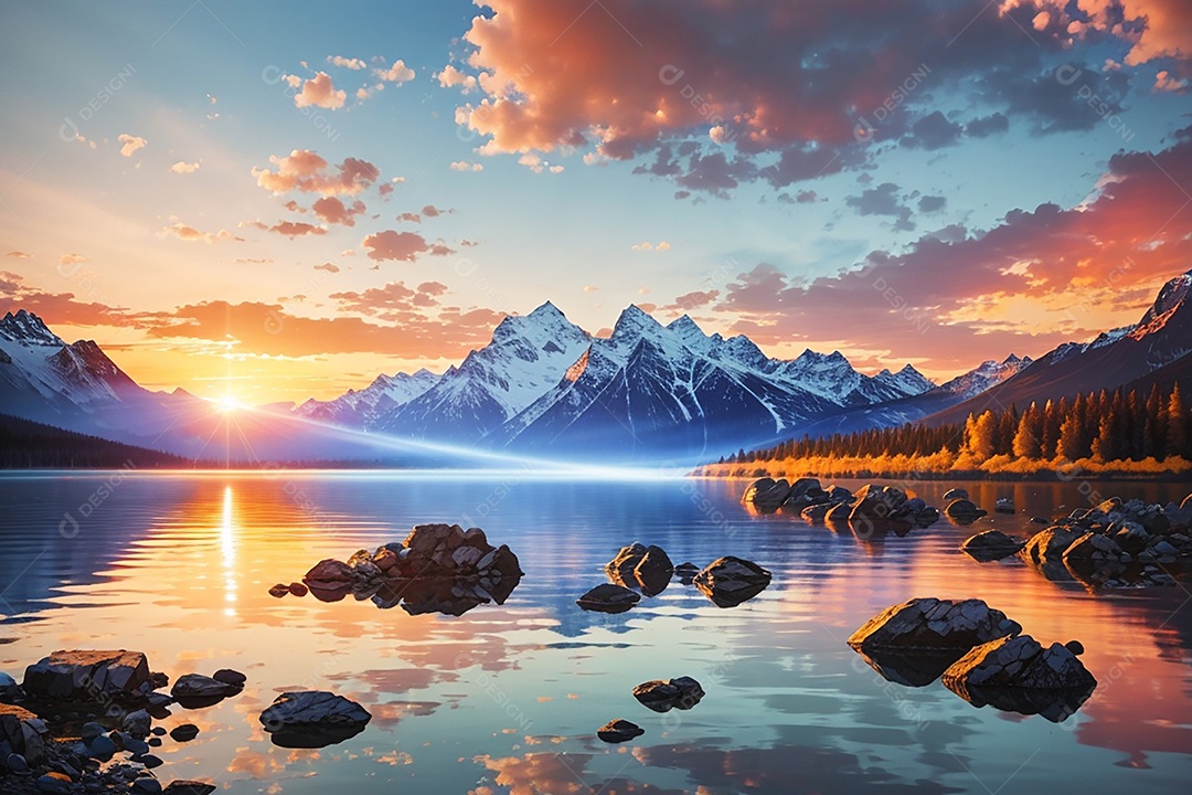 Fundo do pôr do sol da montanha do lago