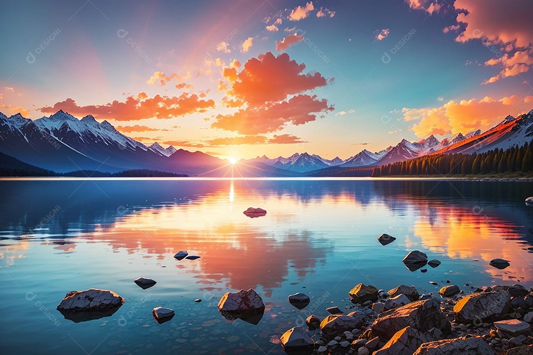 Fundo do pôr do sol da montanha do lago