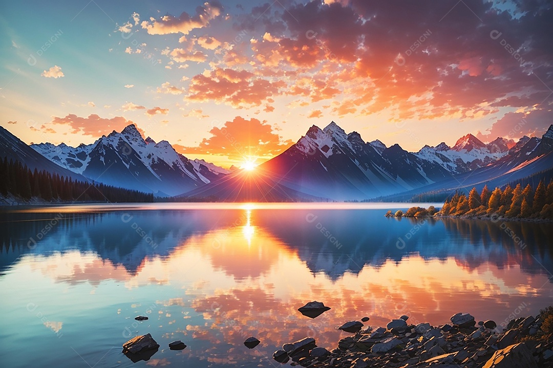 Fundo do pôr do sol da montanha do lago