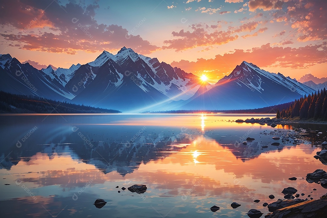 Fundo do pôr do sol da montanha do lago