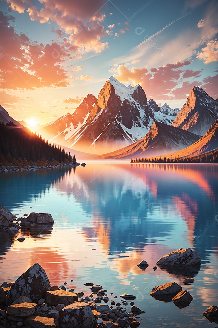 Fundo do pôr do sol da montanha do lago