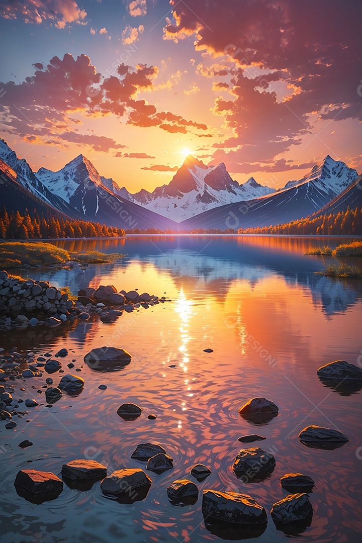 Fundo do pôr do sol da montanha do lago