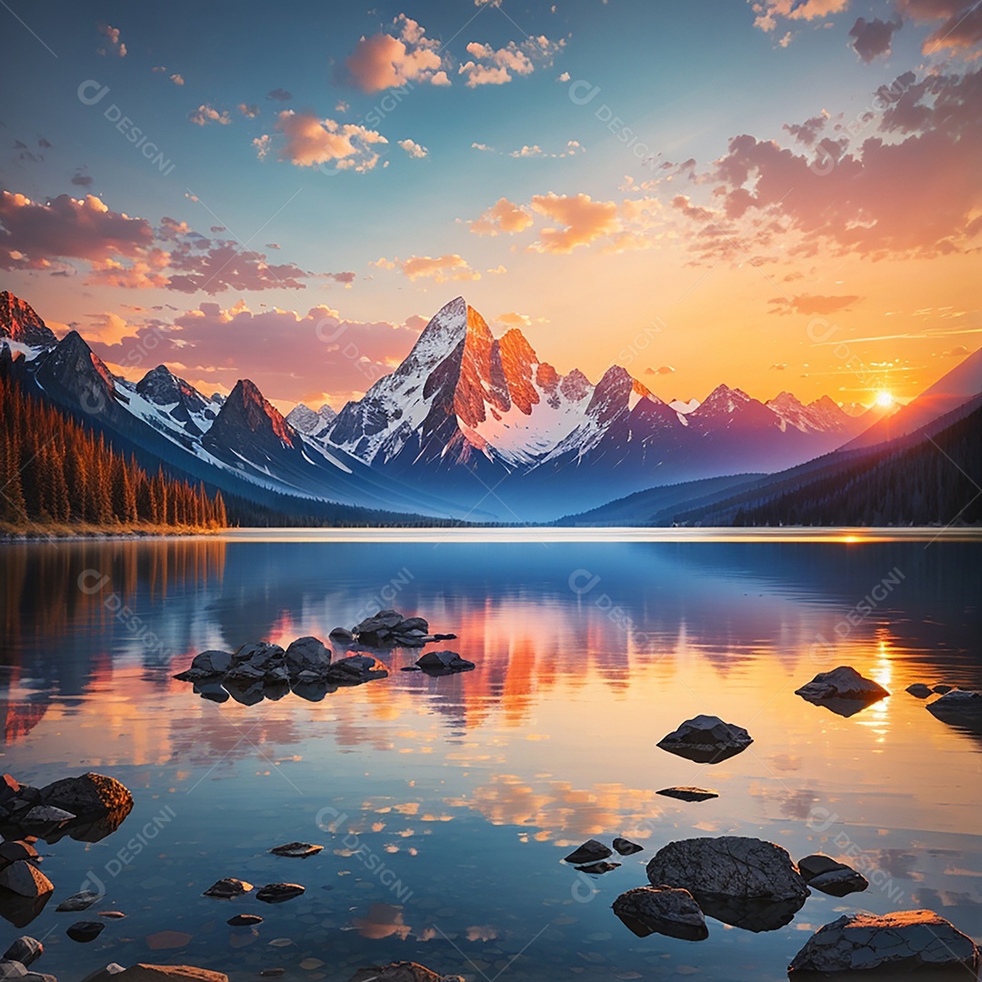 Fundo do pôr do sol da montanha do lago