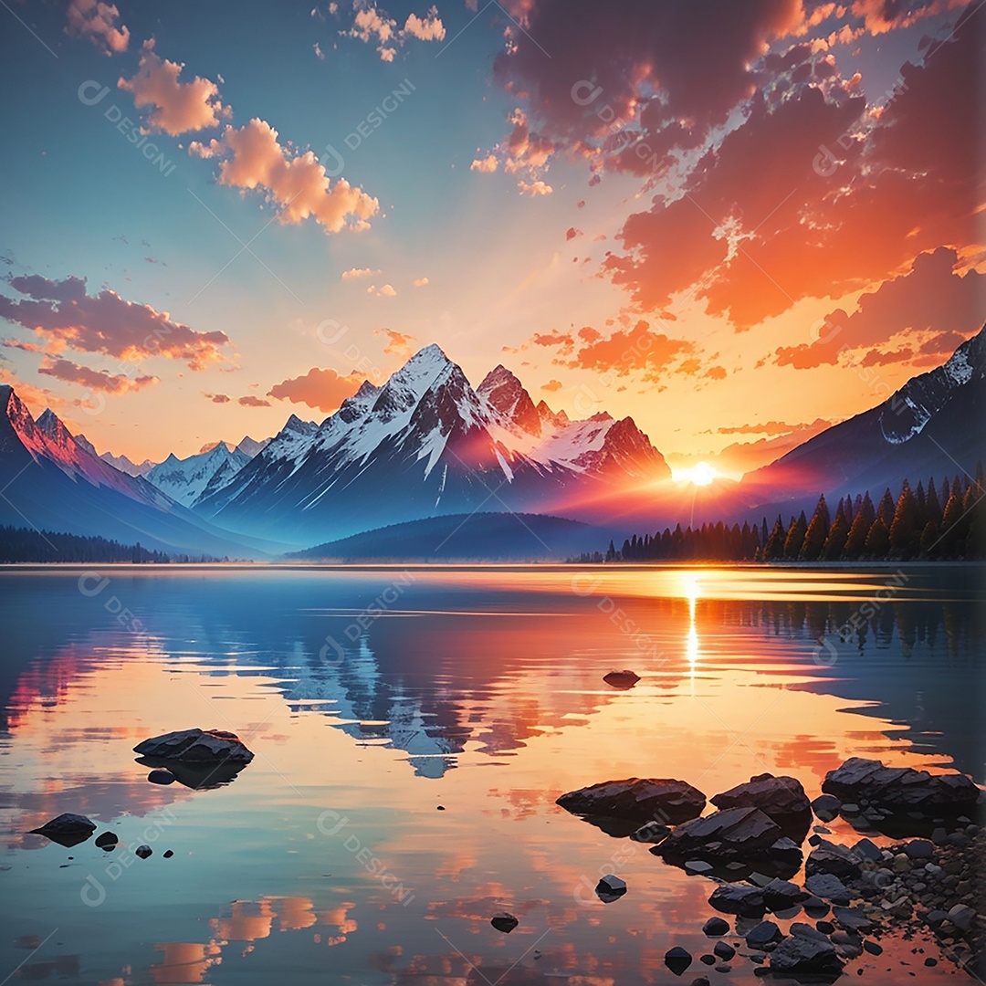 Fundo do pôr do sol da montanha do lago