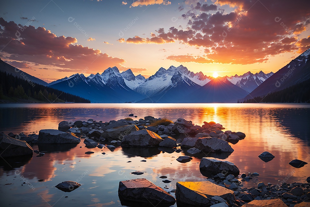 Fundo do pôr do sol da montanha do lago