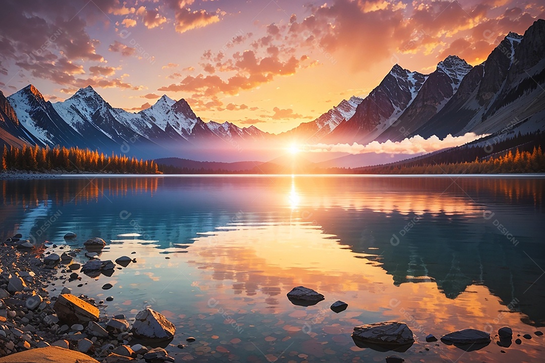 Fundo do pôr do sol da montanha do lago