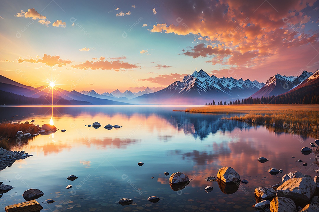 Fundo do pôr do sol da montanha do lago