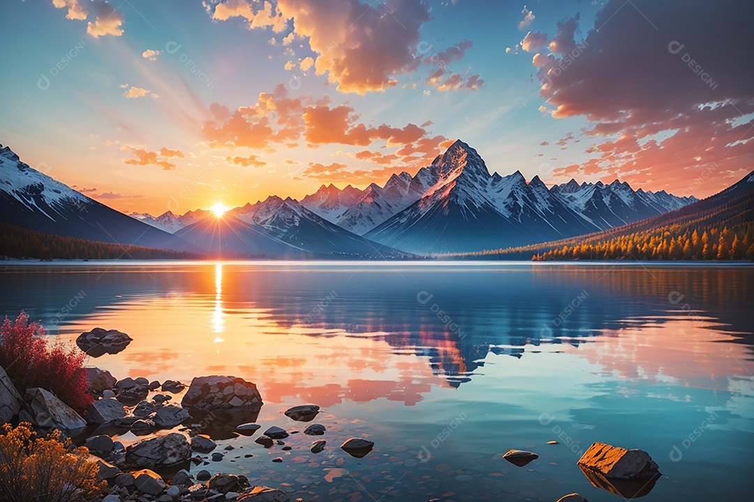 Fundo do pôr do sol da montanha do lago