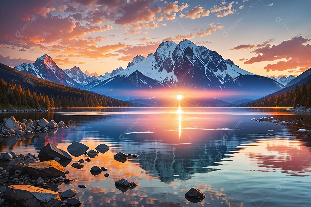 Fundo do pôr do sol da montanha do lago