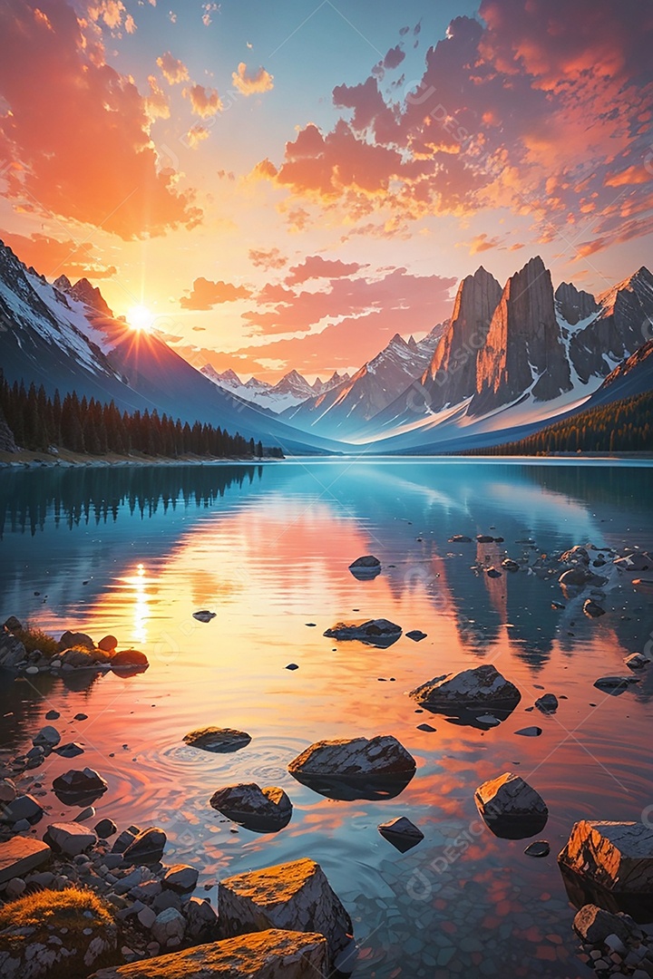 Fundo do pôr do sol da montanha do lago