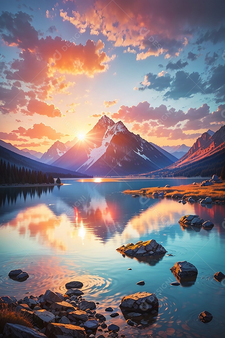 Fundo do pôr do sol da montanha do lago