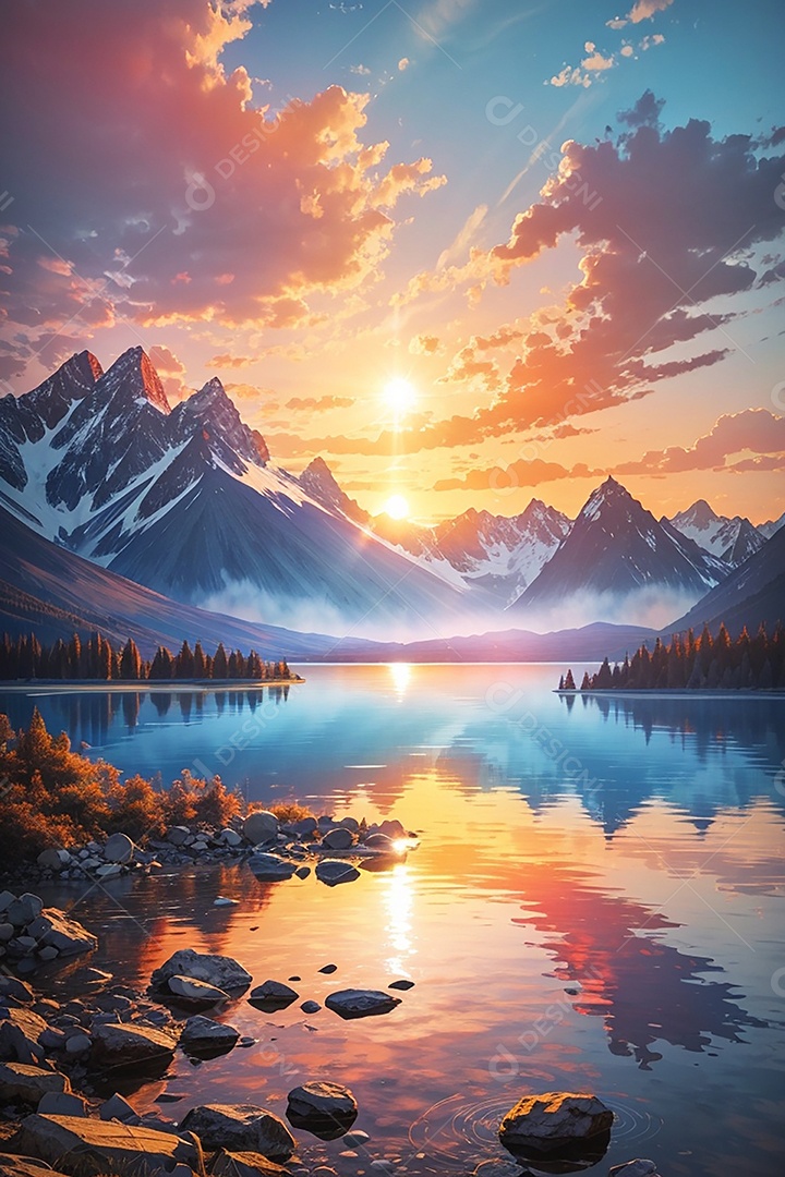 Fundo do pôr do sol da montanha do lago