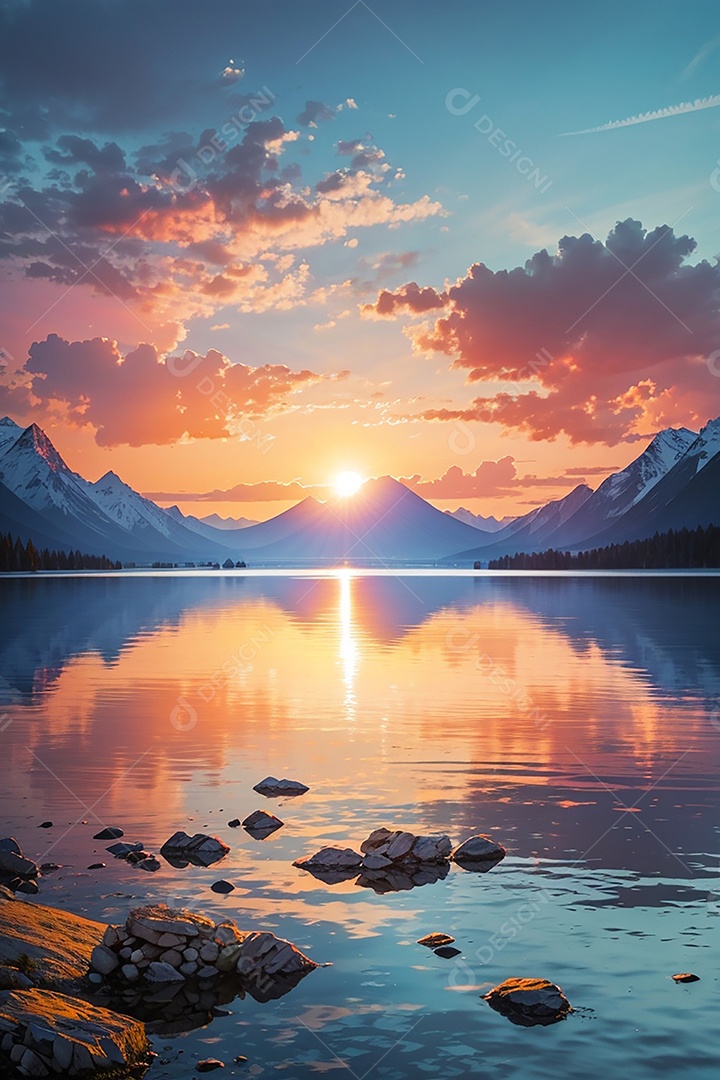 Fundo do pôr do sol da montanha do lago