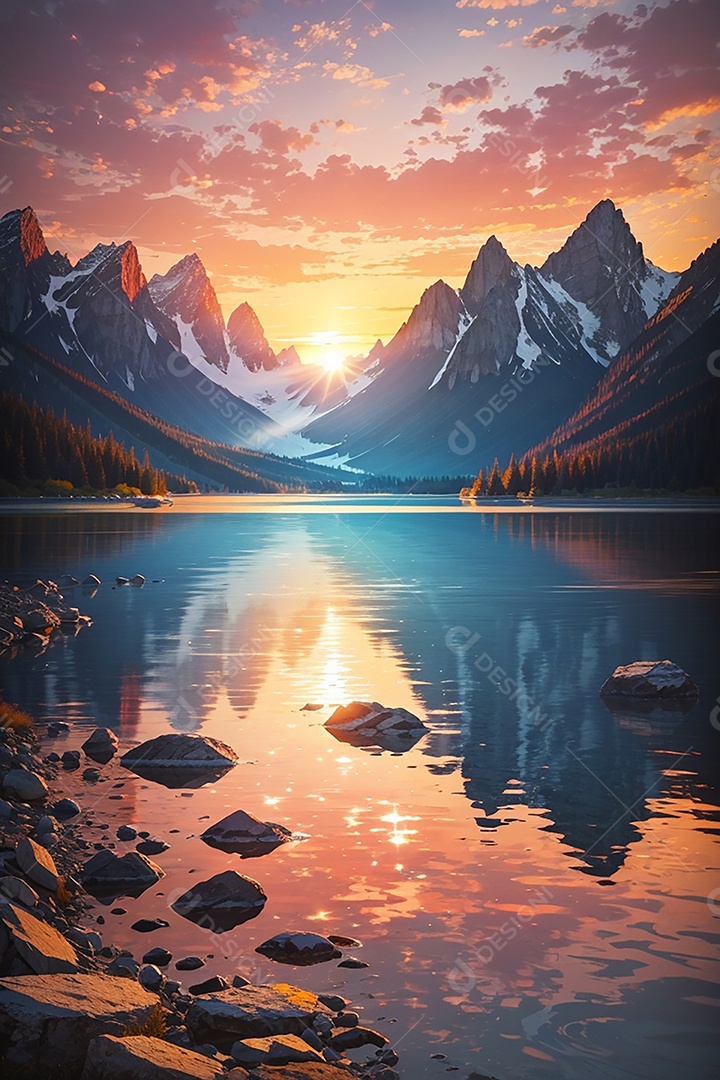 Fundo do pôr do sol da montanha do lago