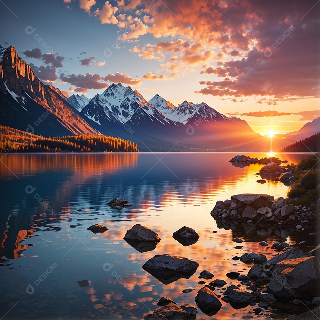 Fundo do pôr do sol da montanha do lago