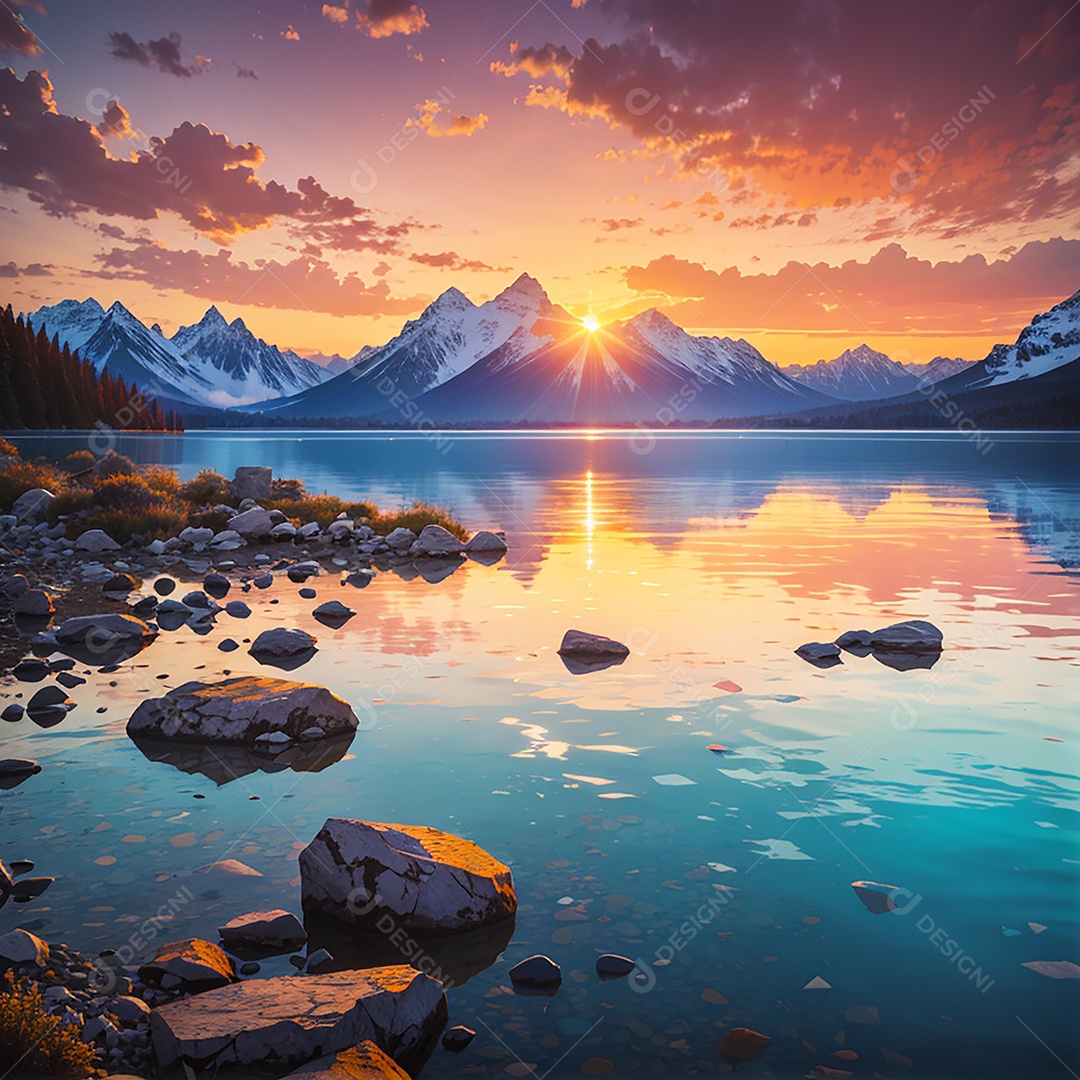 Fundo do pôr do sol da montanha do lago