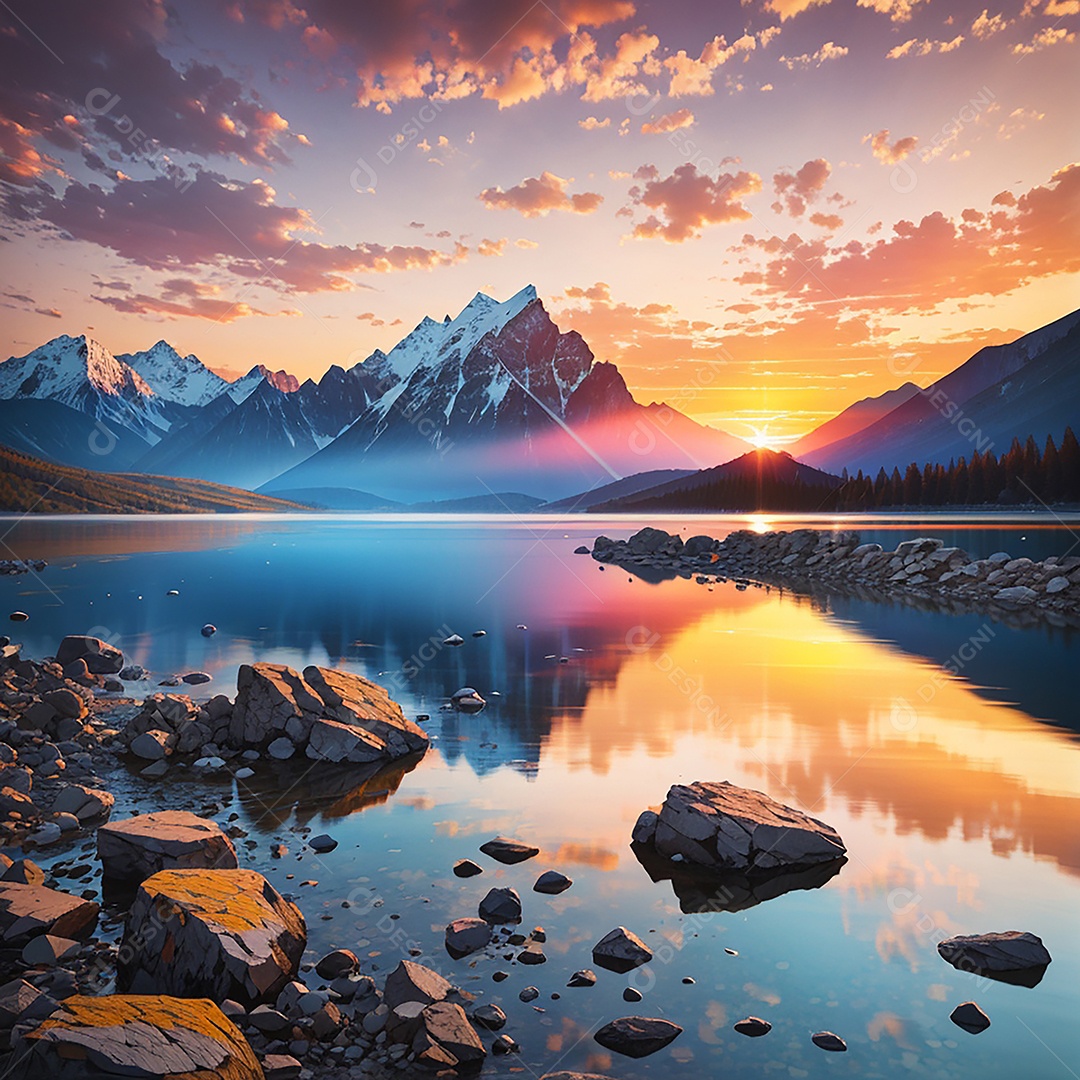 Fundo do pôr do sol da montanha do lago