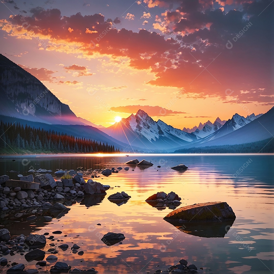 Fundo do pôr do sol da montanha do lago