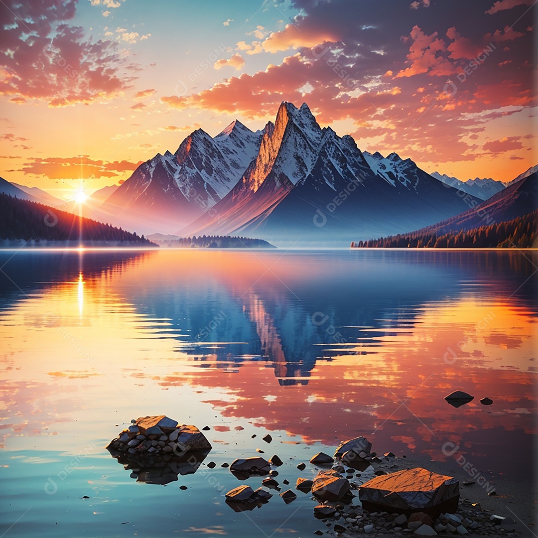 Fundo do pôr do sol da montanha do lago