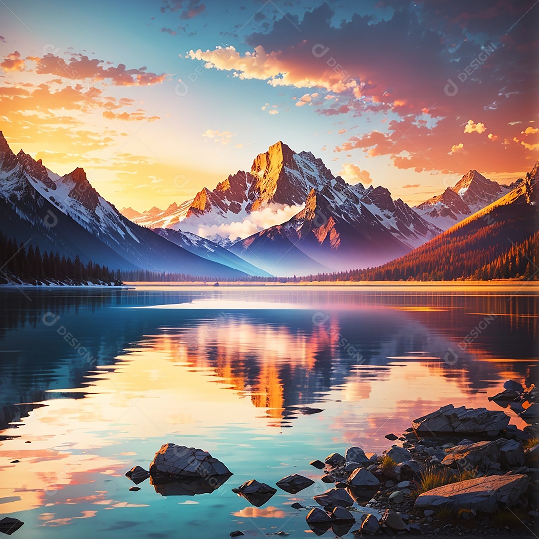 Fundo do pôr do sol da montanha do lago