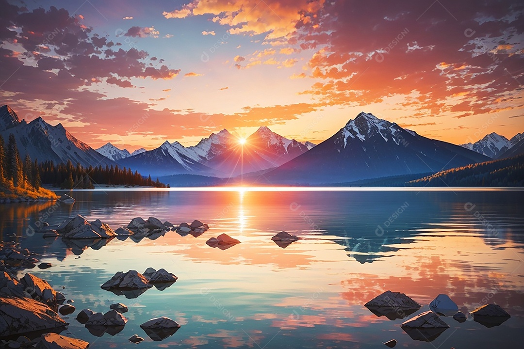 Fundo do pôr do sol da montanha do lago