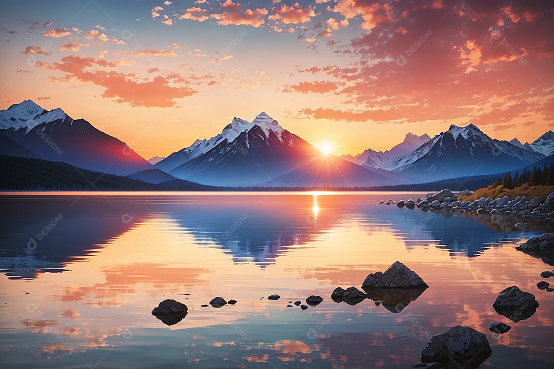 Fundo do pôr do sol da montanha do lago