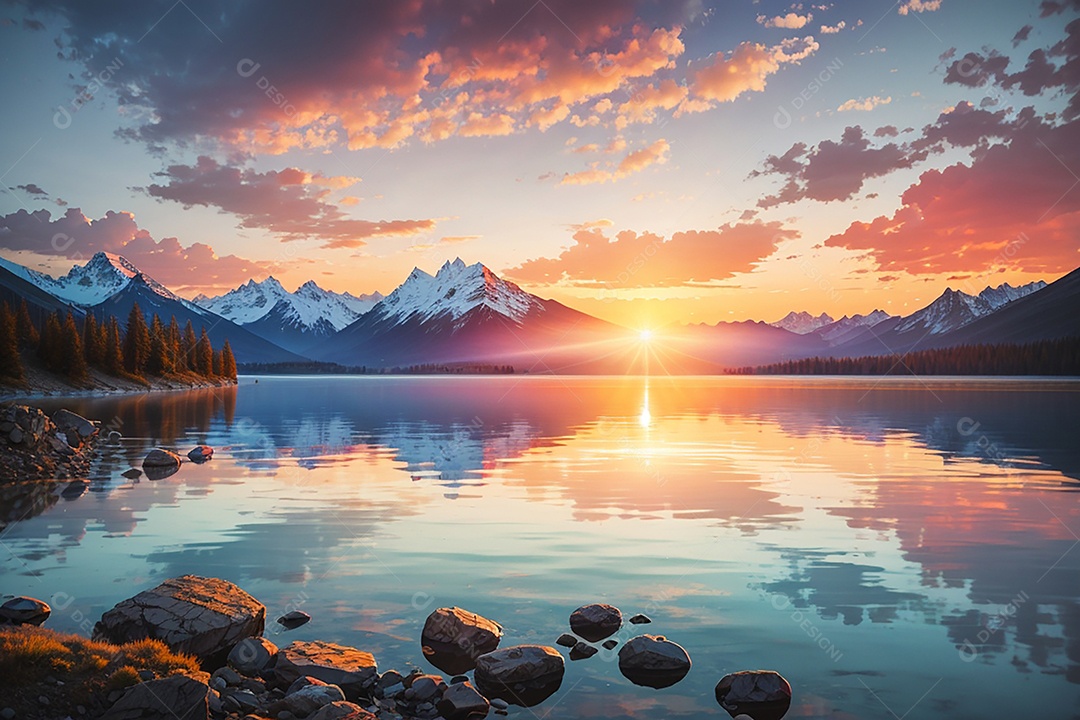 Fundo do pôr do sol da montanha do lago