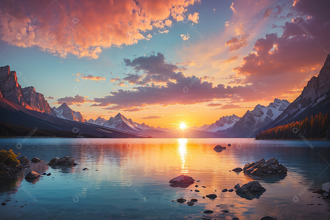 Fundo do pôr do sol da montanha do lago