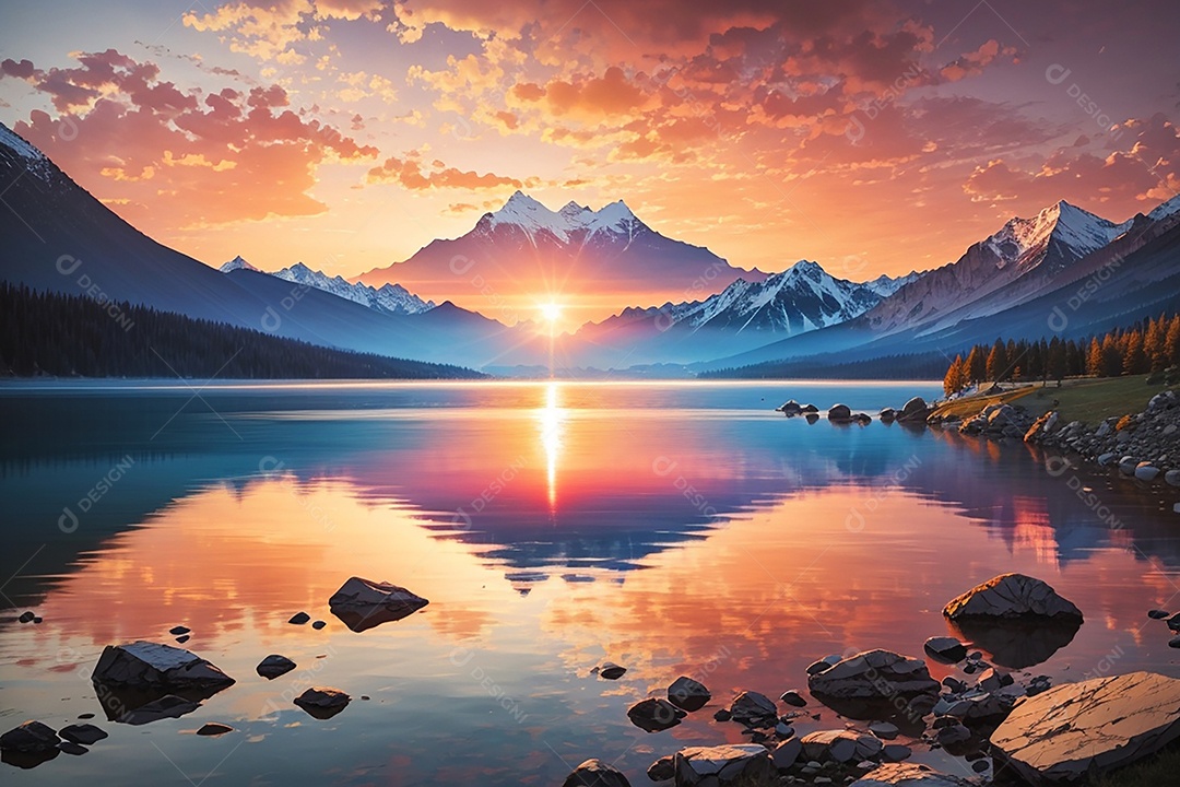 Fundo do pôr do sol da montanha do lago