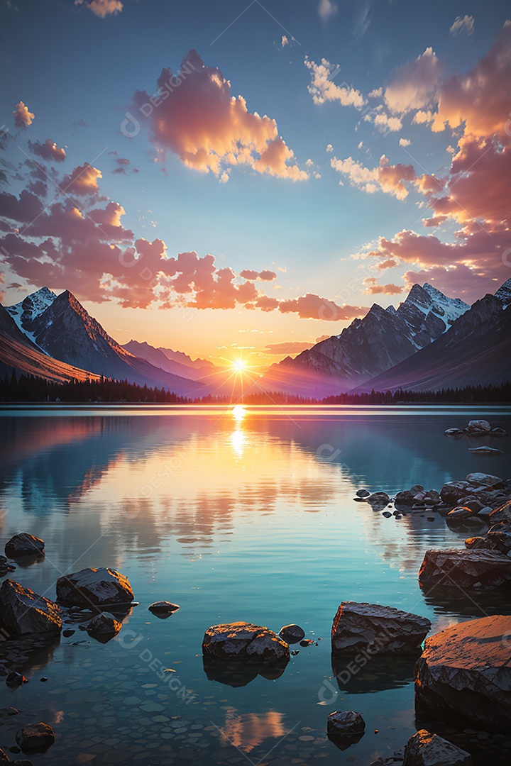 Fundo do pôr do sol da montanha do lago