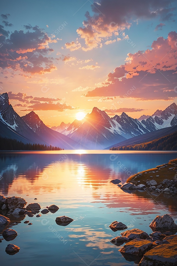 Fundo do pôr do sol da montanha do lago