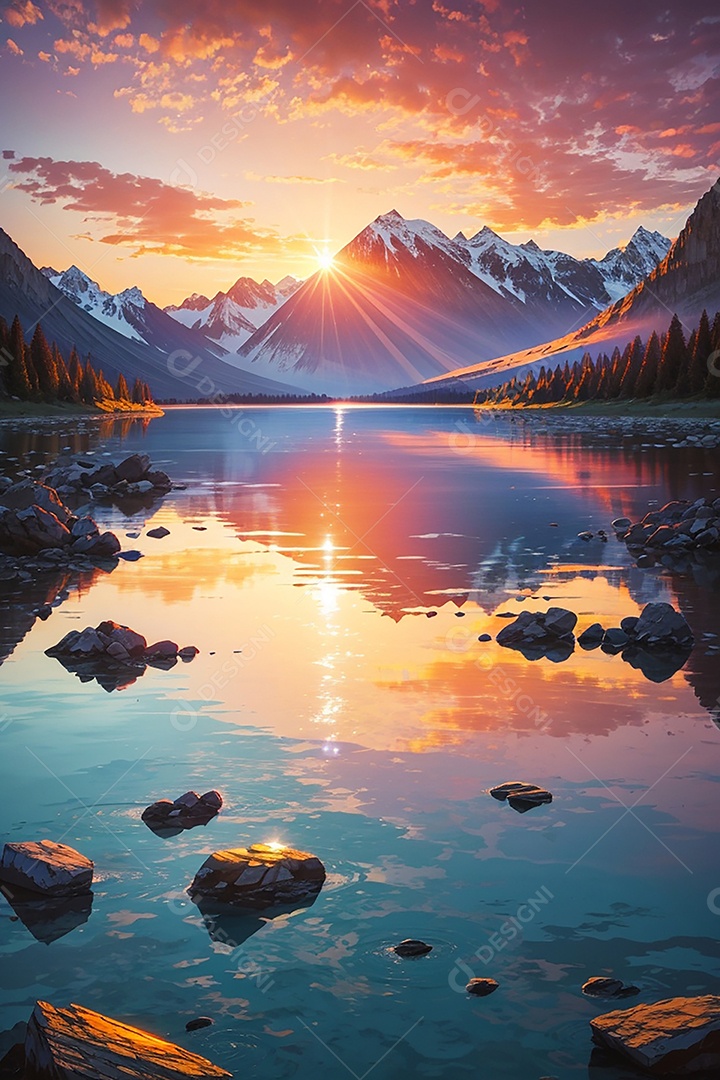 Fundo do pôr do sol da montanha do lago