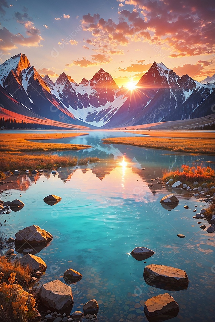 Fundo do pôr do sol da montanha do lago