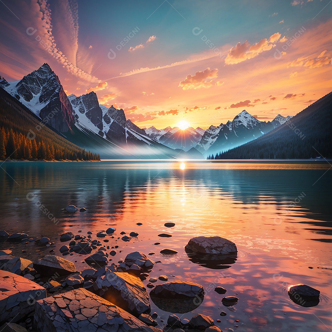 Fundo do pôr do sol da montanha do lago