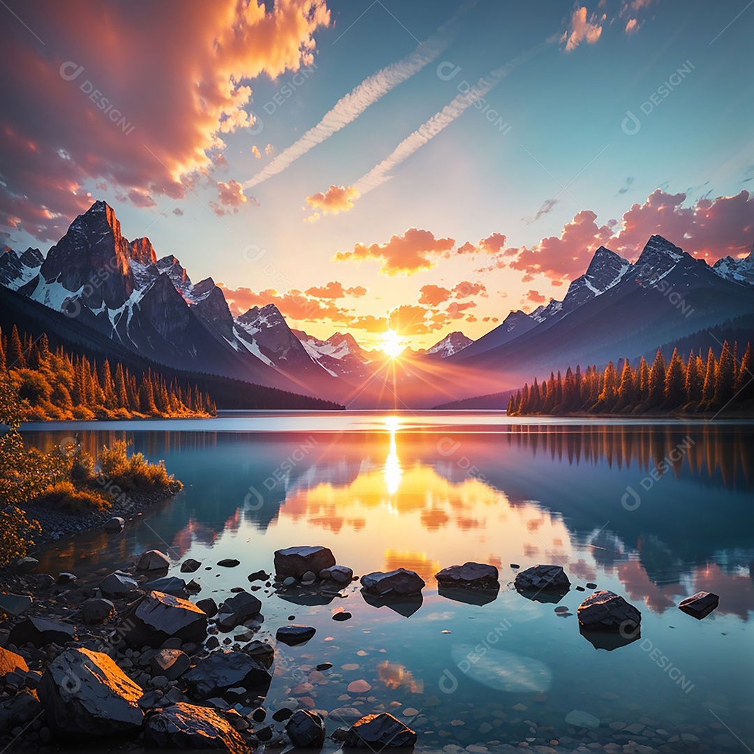 Fundo do pôr do sol da montanha do lago