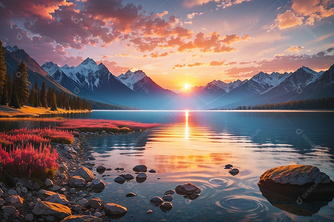 Fundo do pôr do sol da montanha do lago