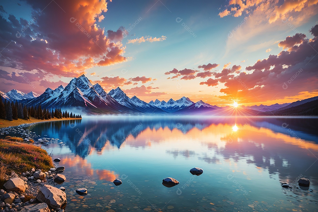 Fundo do pôr do sol da montanha do lago