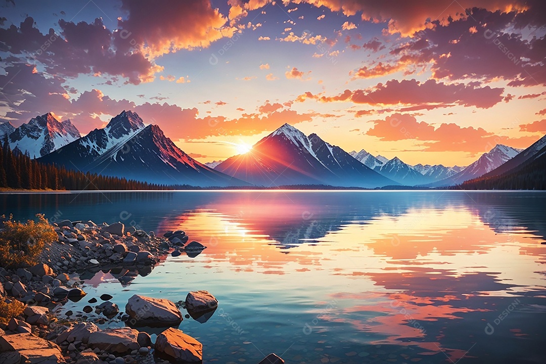 Fundo do pôr do sol da montanha do lago