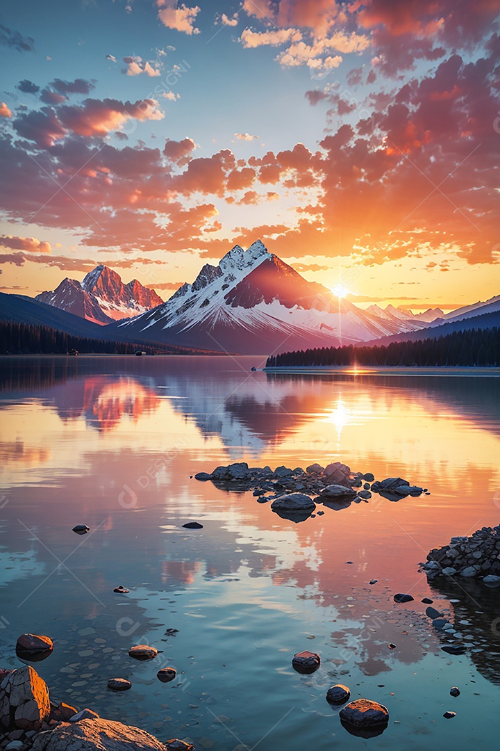 Fundo do pôr do sol da montanha do lago