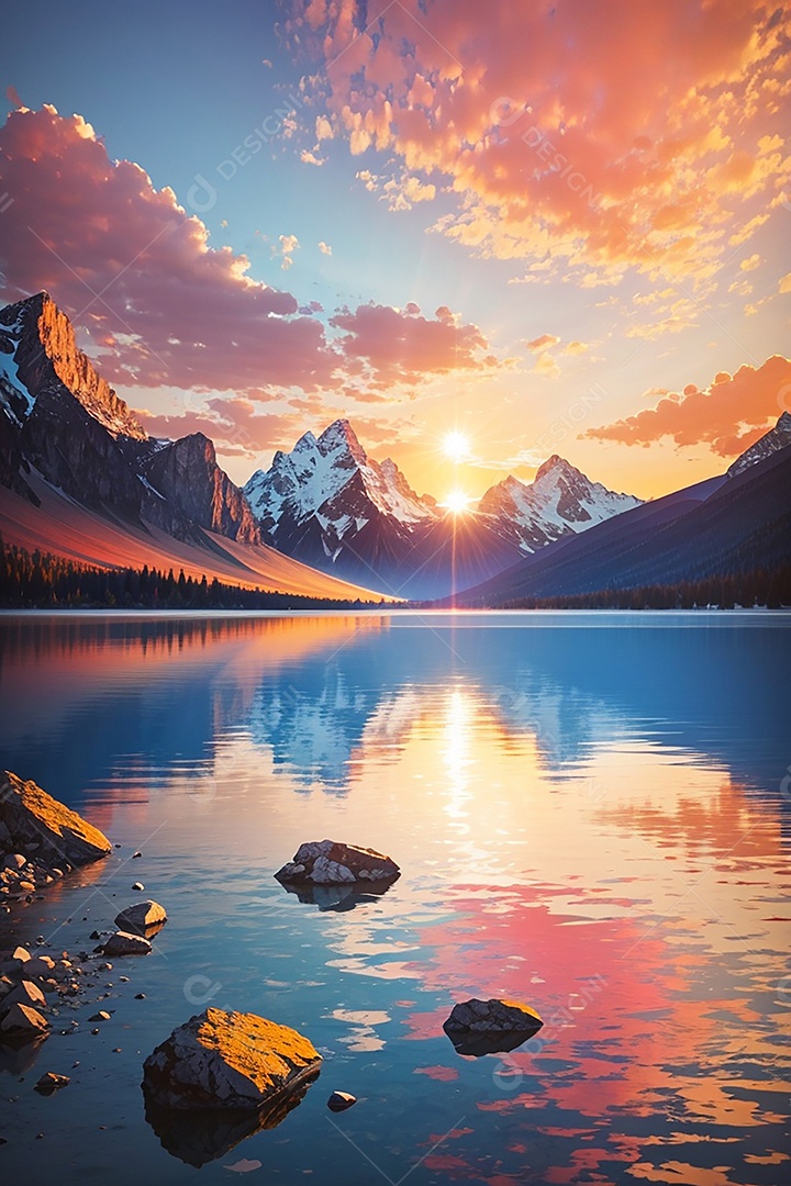 Fundo do pôr do sol da montanha do lago