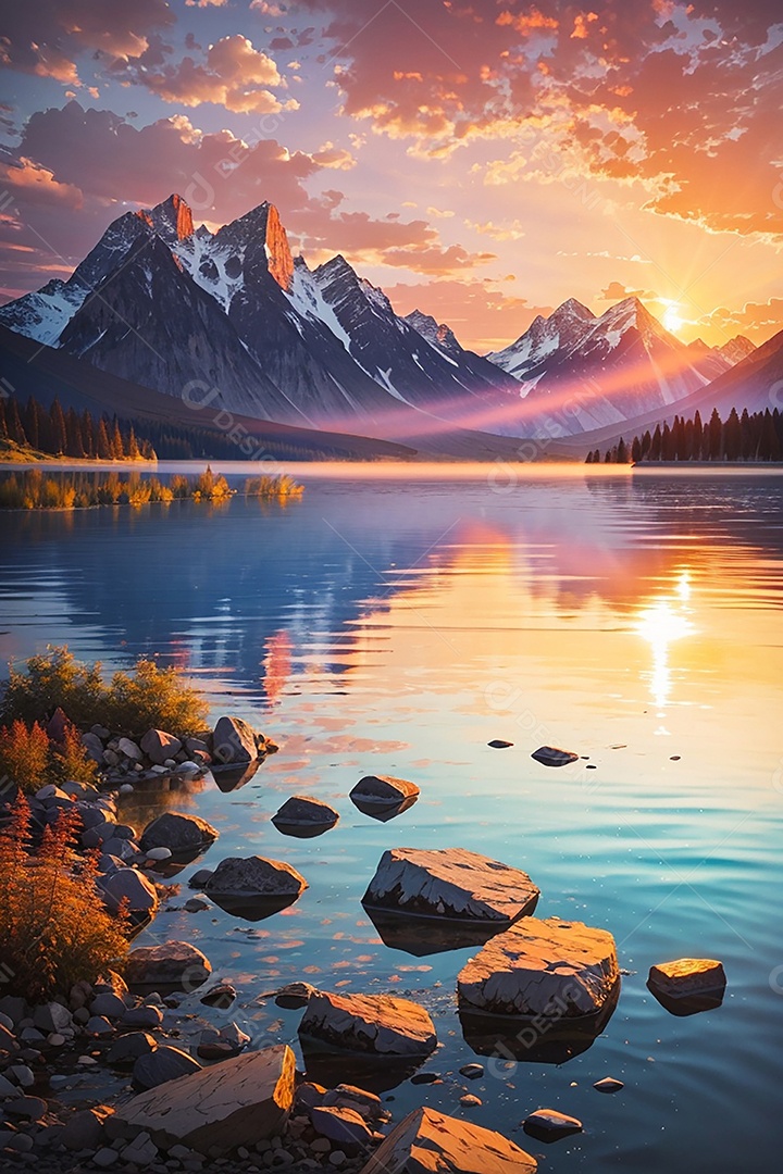 Fundo do pôr do sol da montanha do lago