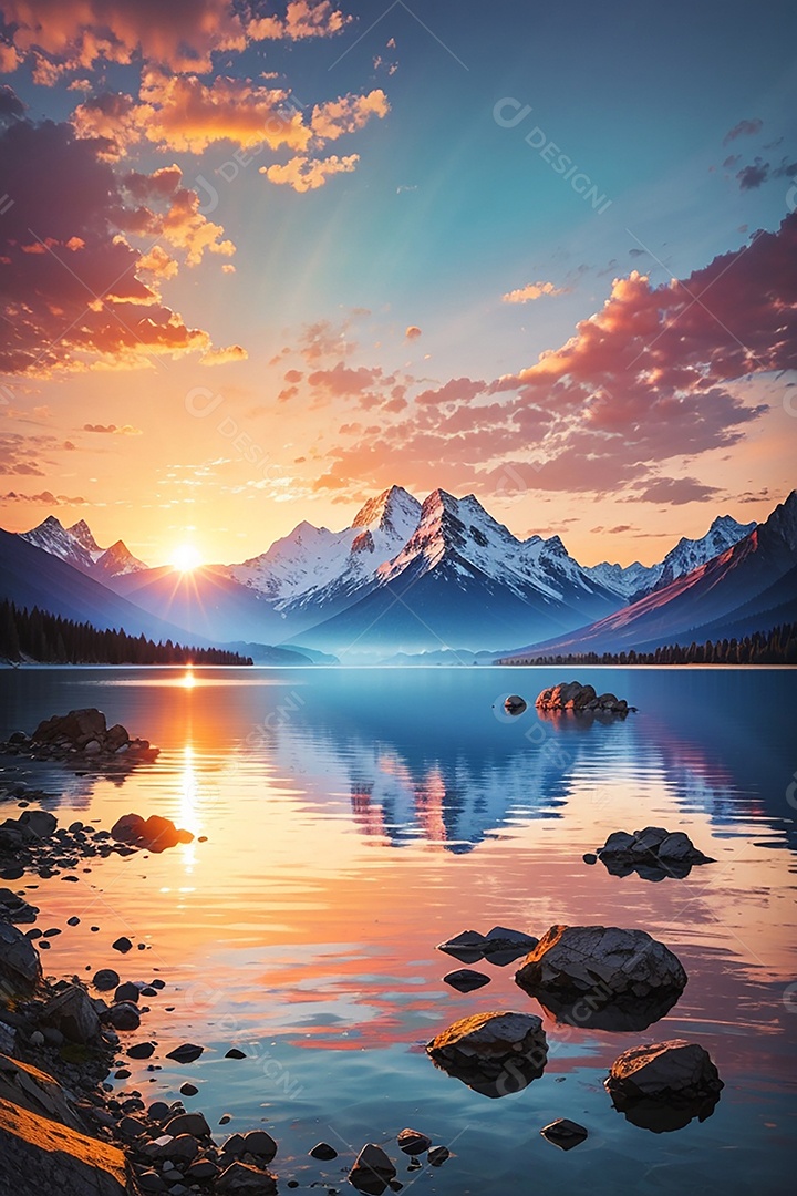 Fundo do pôr do sol da montanha do lago