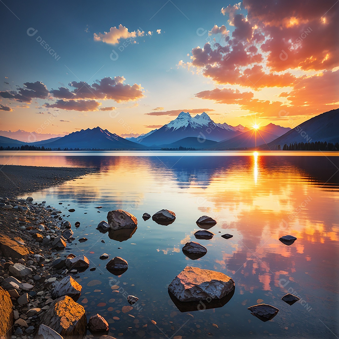 Fundo do pôr do sol da montanha do lago