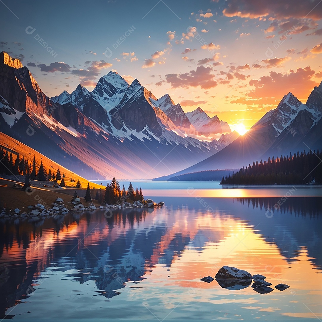 Fundo do pôr do sol da montanha do lago