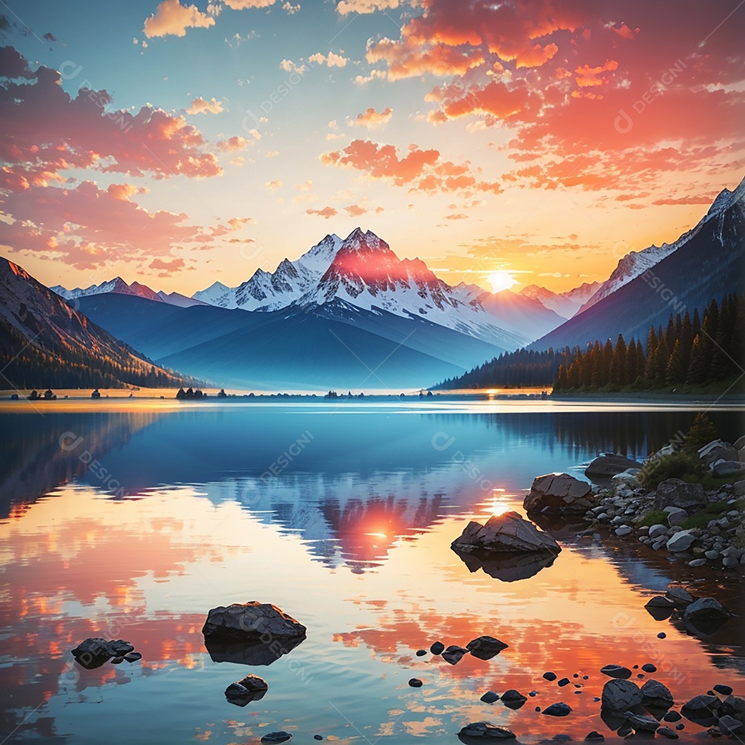 Fundo do pôr do sol da montanha do lago