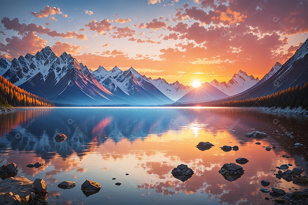 Fundo do pôr do sol da montanha do lago