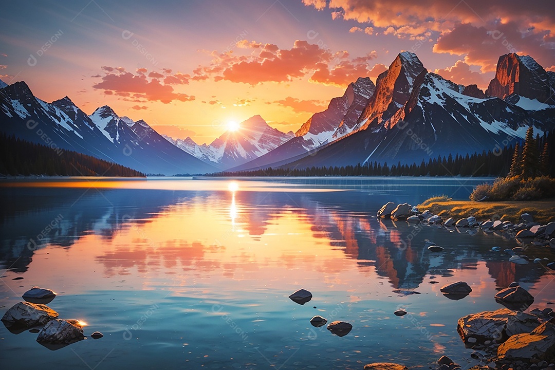 Fundo do pôr do sol da montanha do lago