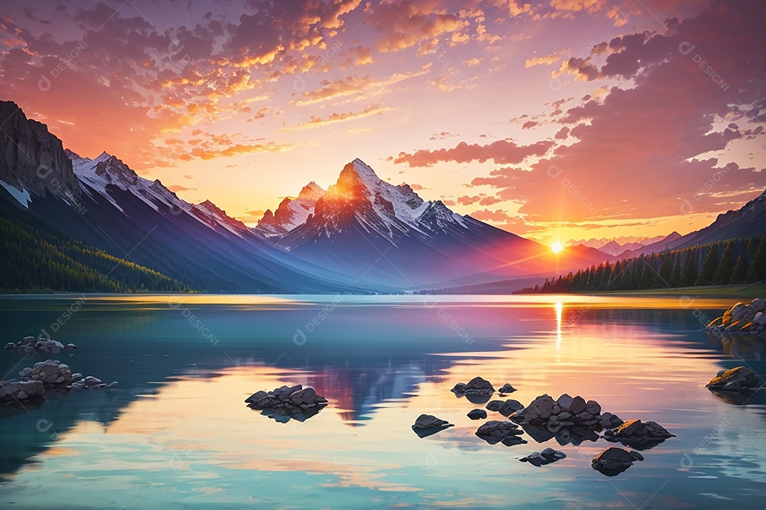 Lake mountain sunset background
